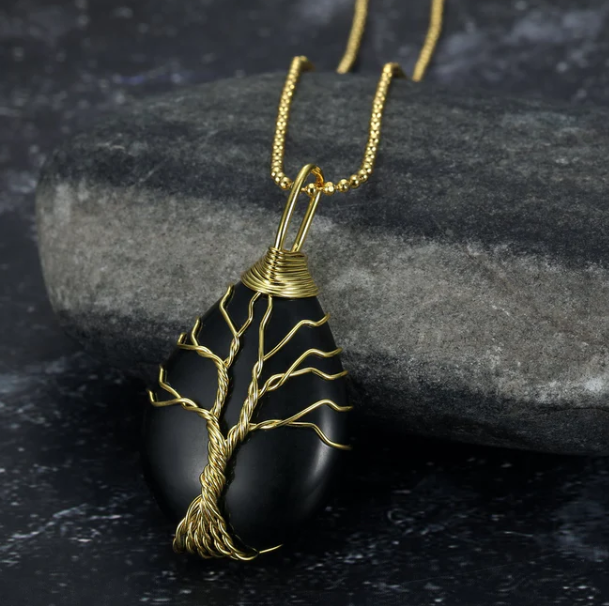 Celtic Tree Of Life Pendant & Chain On Teardrop Semi-Precious Stone