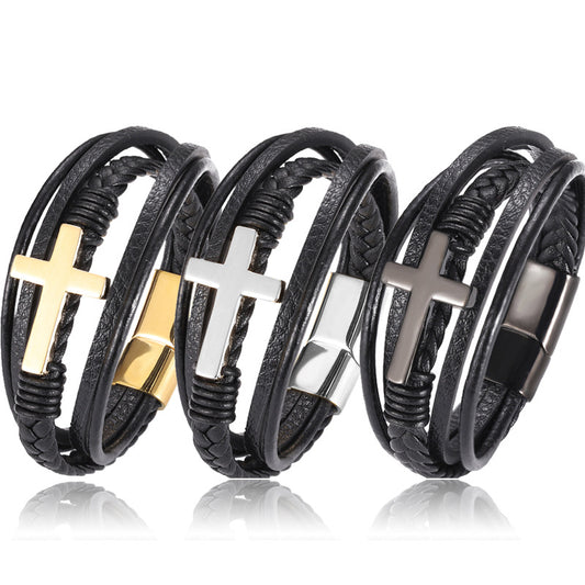 Multi-layer Braided Stainless Steel Cross Men's Bracelet