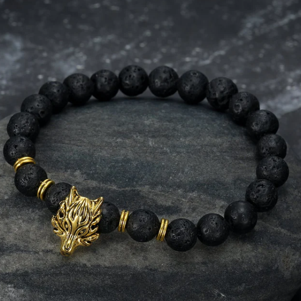 Asgard Crafted Grey Wolf Head And Lava Stone Bracelet