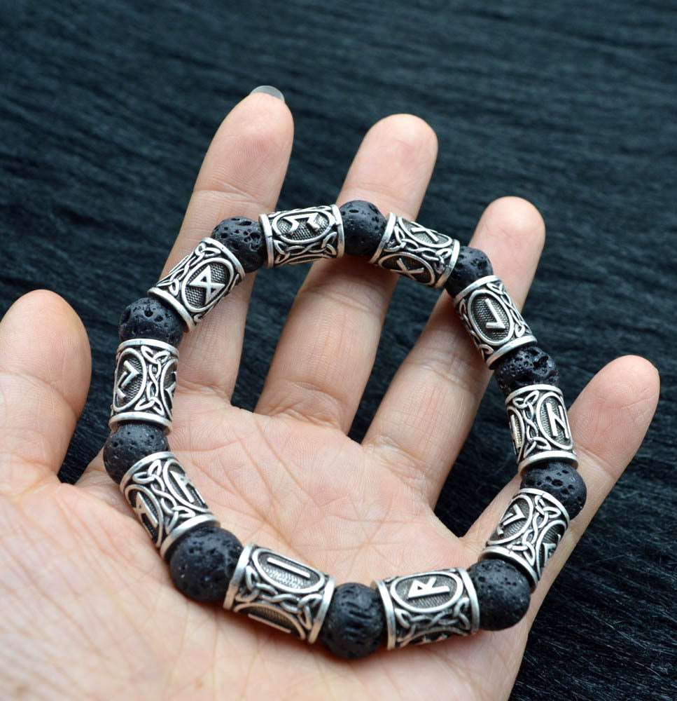 Asgard Crafted Silver Rune And Black Lava Stone Bracelet