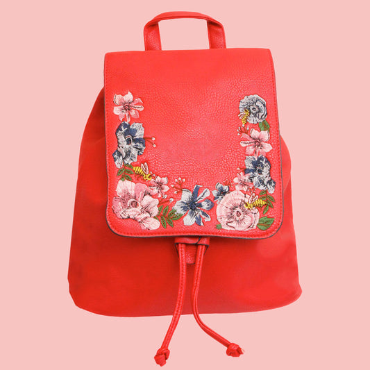 Amara Red Embroidered Flower Backpack