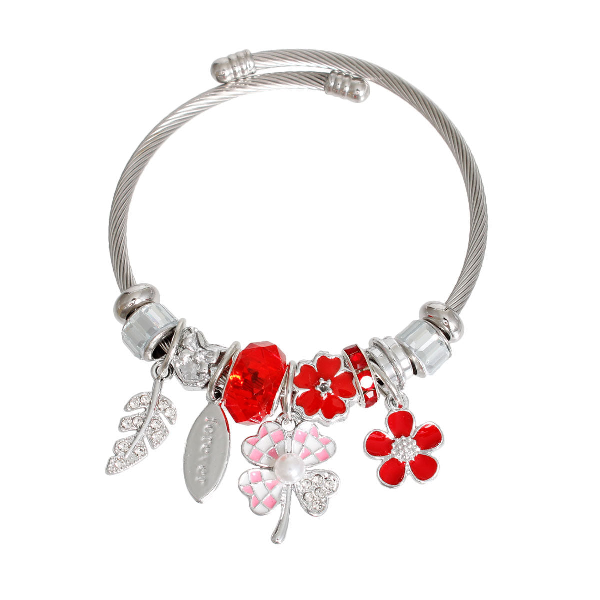 Silver Red Clover Cable Bangle