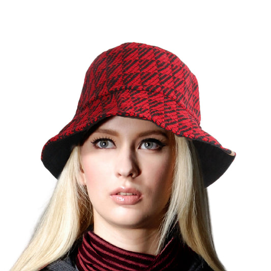 Red Geo Pattern Topstitch Bucket Hat