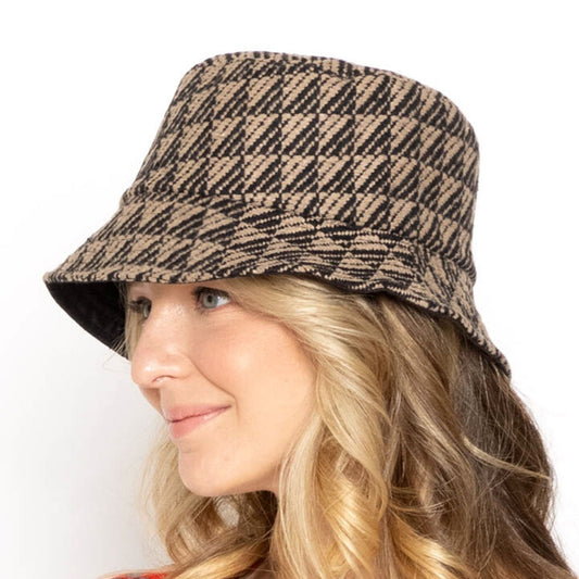 Taupe Geo Pattern Topstitch Bucket Hat