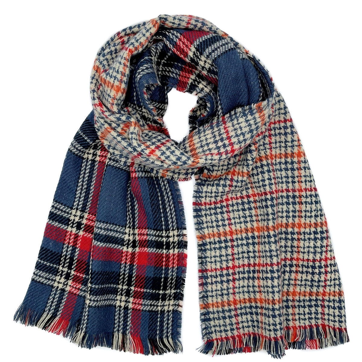 Navy Plaid Houndstooth Reversible Scarf