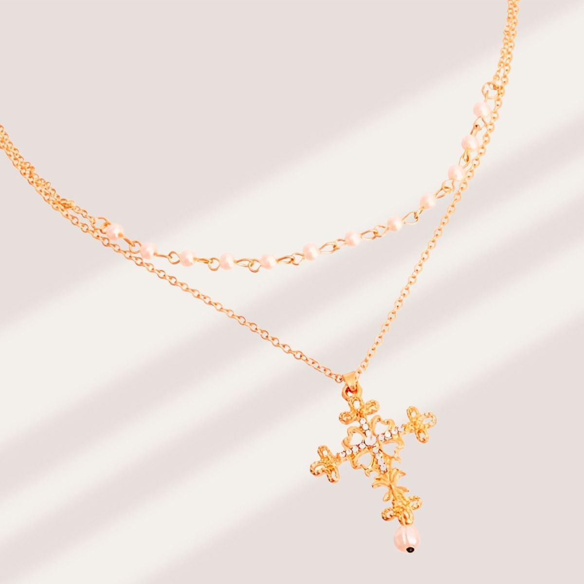 Gold Pearl Heart Cross Necklace