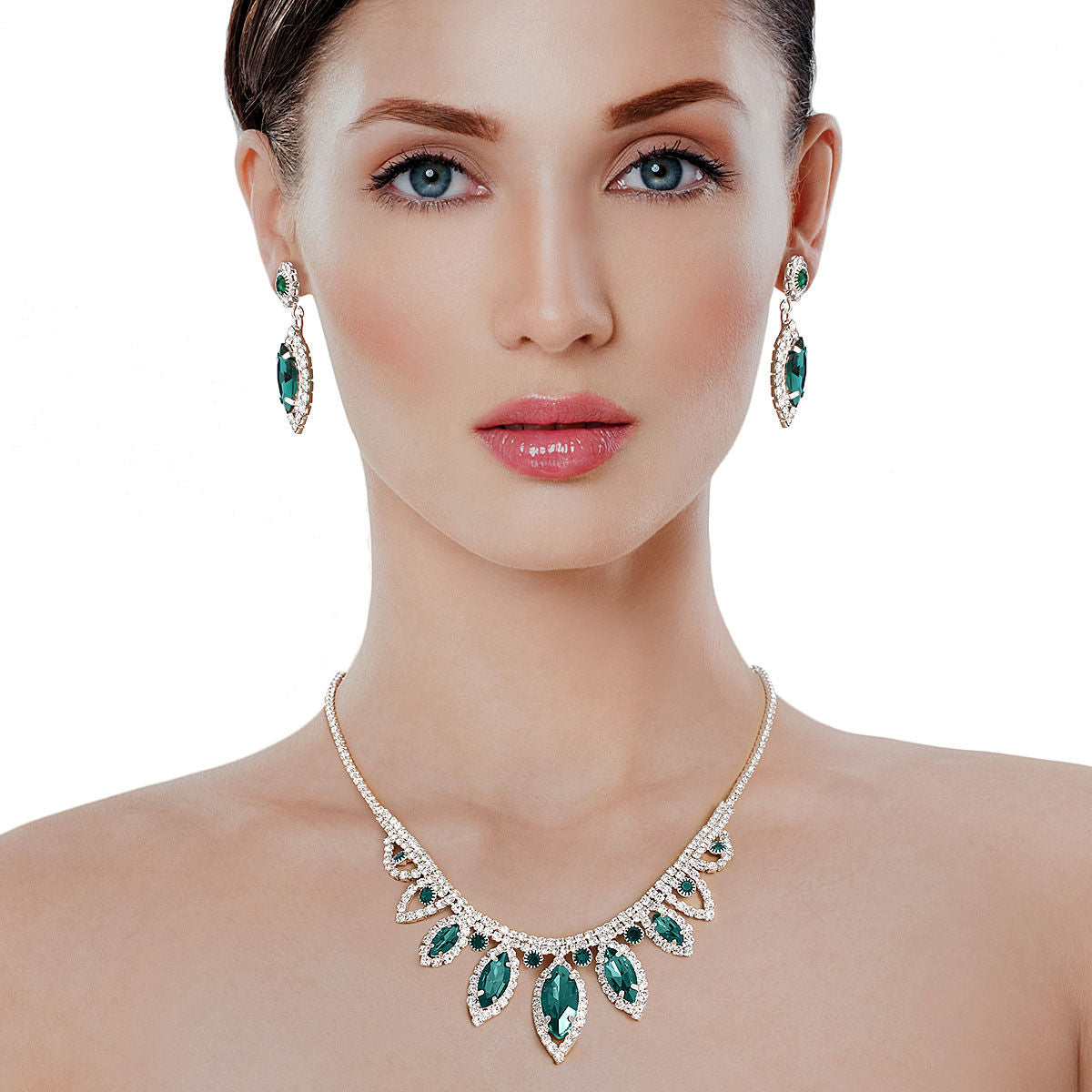 Green Marquise Crystal Silver Set